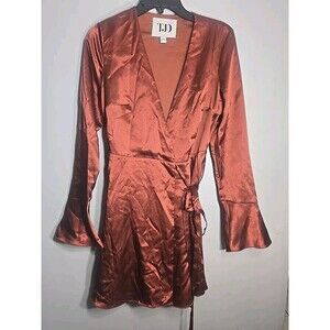 TJD Womens Small Dress Satin Brown Wrap V-Neck Tie Belt Knee Fully Lined EUC